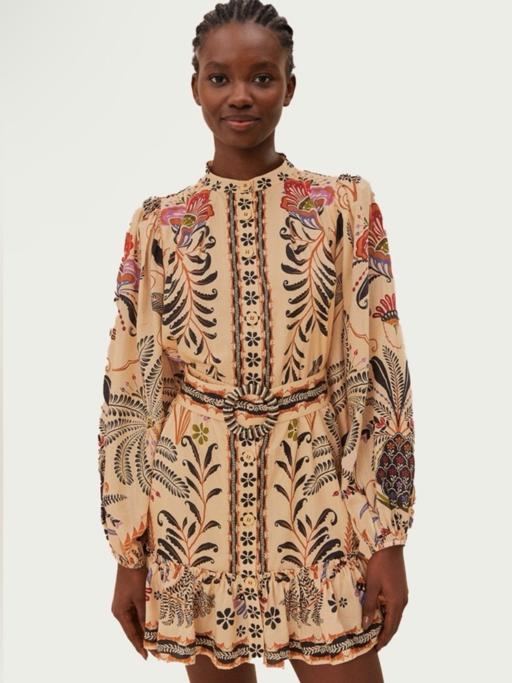 FARM Rio Sand Floral Belted Mini Dress